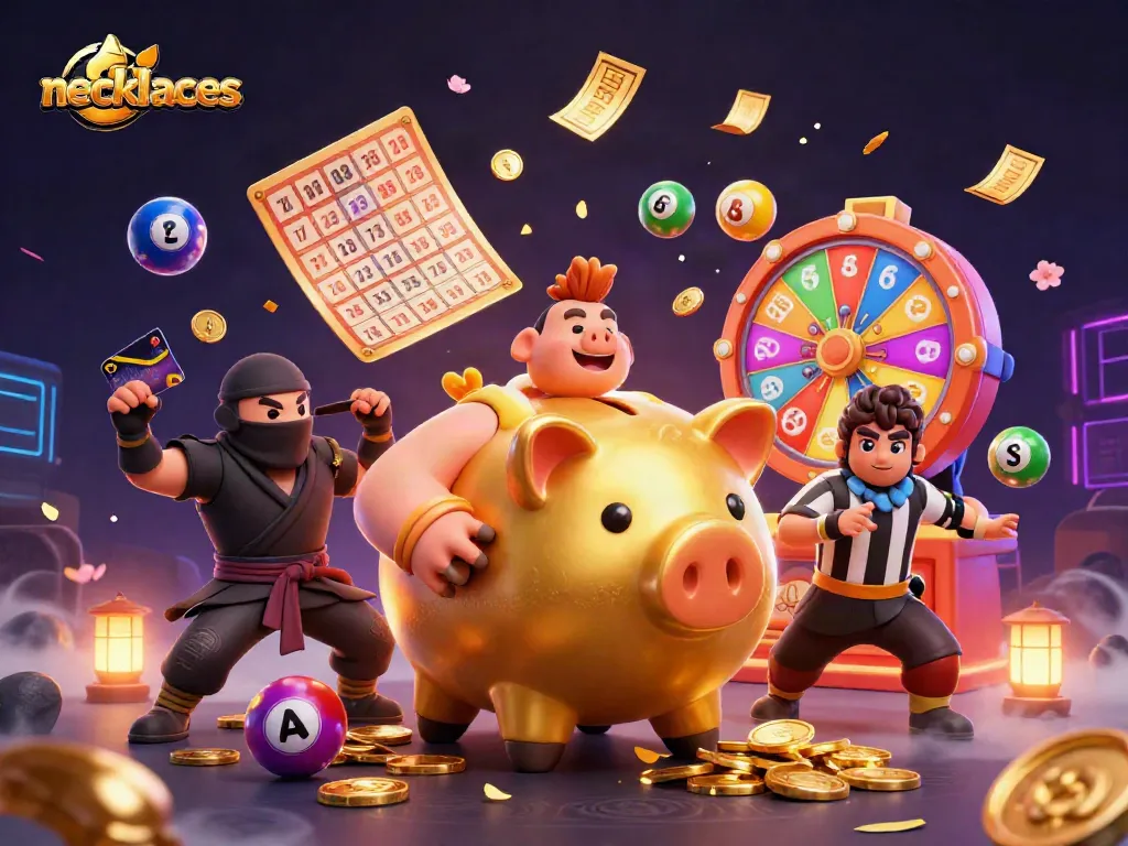 Winning necklaces sparkle as a golden piggy bank sumo wrestler bursts coins, energizing the gambling scene.