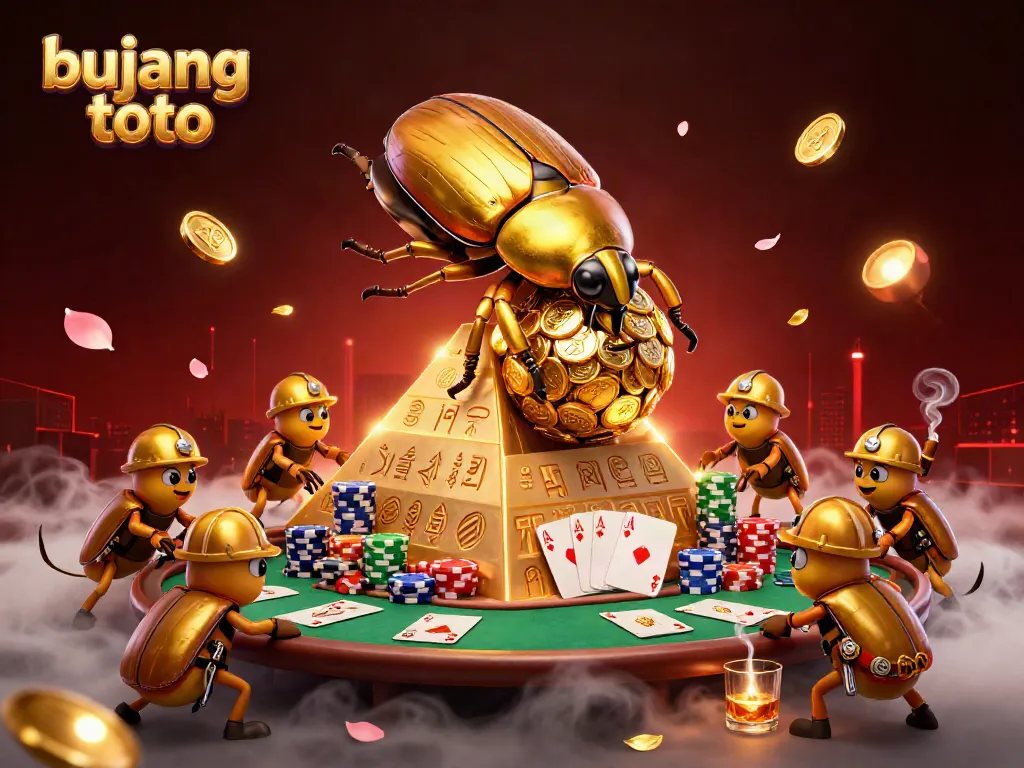 Experience the thrill of gambling with bujang toto, where a golden beetle rolls coins with a vibrant casino scene.
