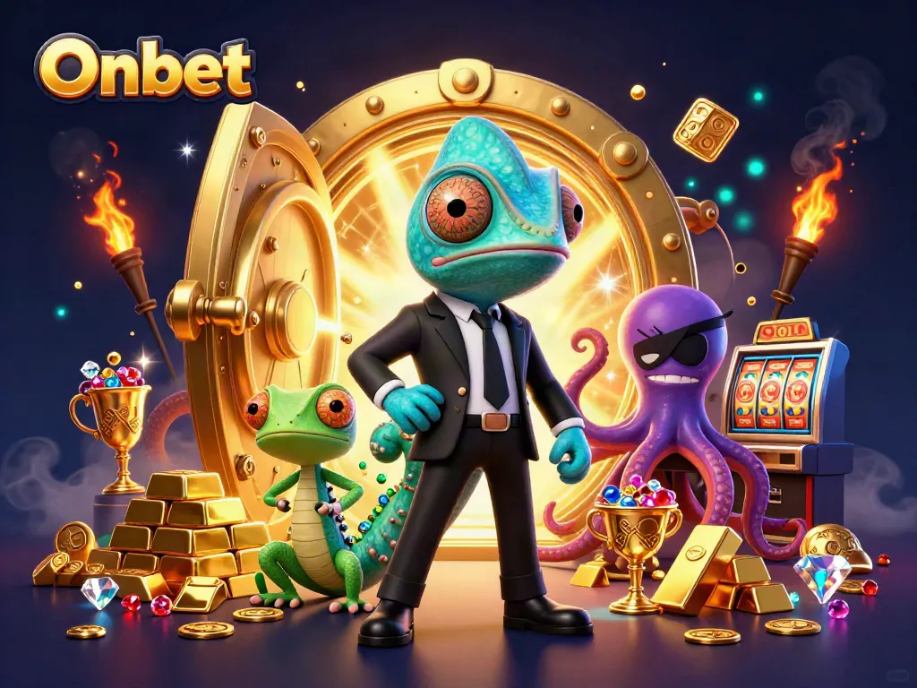 Experience the thrill of Onbet's casino with colorful characters and golden treasures bursting forth.