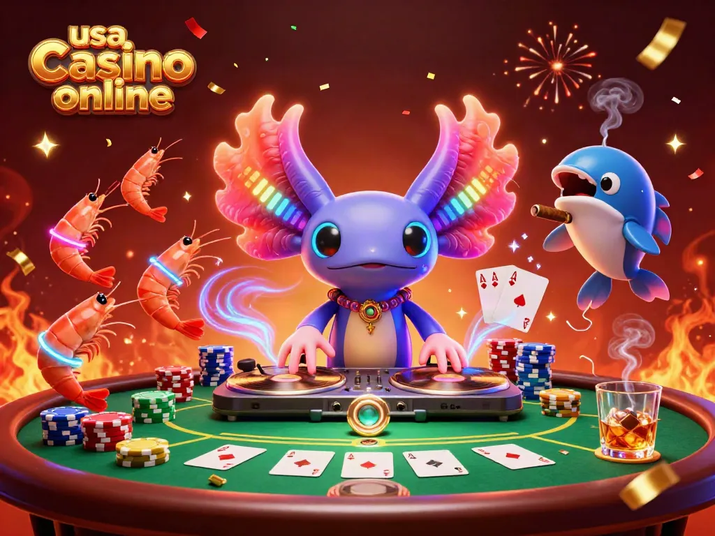Experience vibrant action at usa casino online with a neon axolotl DJ and lively casino elements.