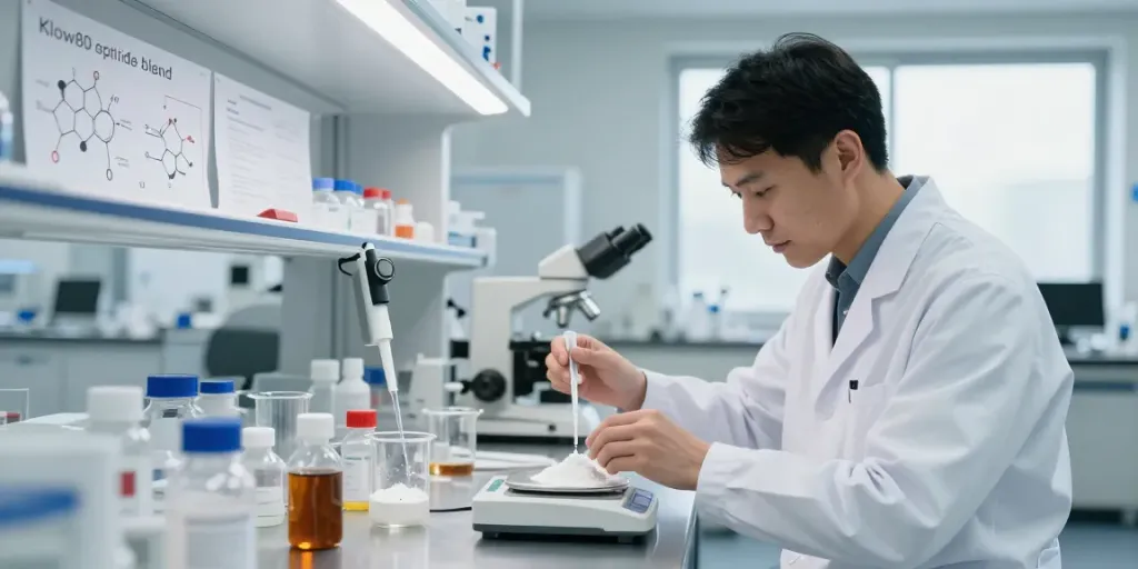 Klow80 peptide blend preparation in a modern lab, measuring powders with precision tools.