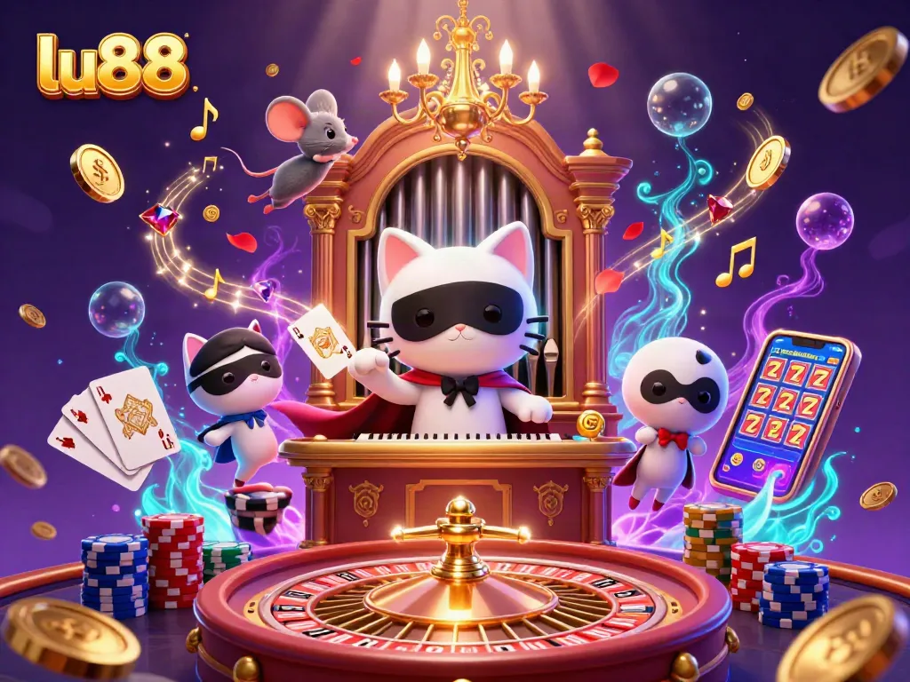 Win at Lu88 with vibrant casino charm featuring a cat and mouse at an organ!