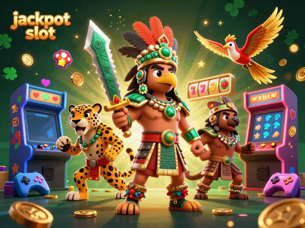 Experience the thrill of jackpot slot excitement with this vibrant 3D casino scene featuring Aztec warriors and colorful gaming elements.