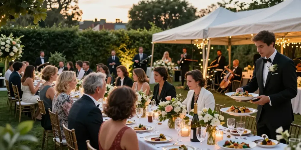 Guests enjoying a classy corporate event rental ksa in a garden with luxury decorations.