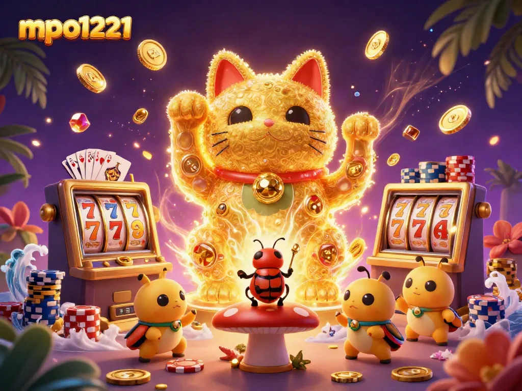 Engage with mpo1221's vibrant lucky cat scene showcasing winning symbols and casino magic.