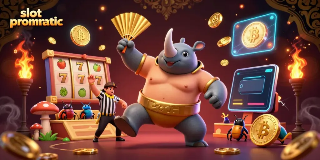 Engage with thrilling slot pragmatic gameplay as a beetle champion stomps coins, surrounded by vibrant crypto elements.