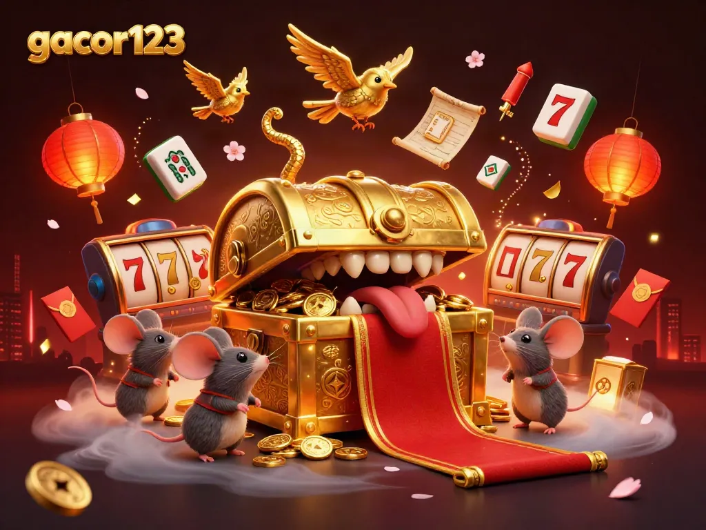 Experience gacor123 with cartoon treasure chest and vibrant slots, rich gaming visuals.