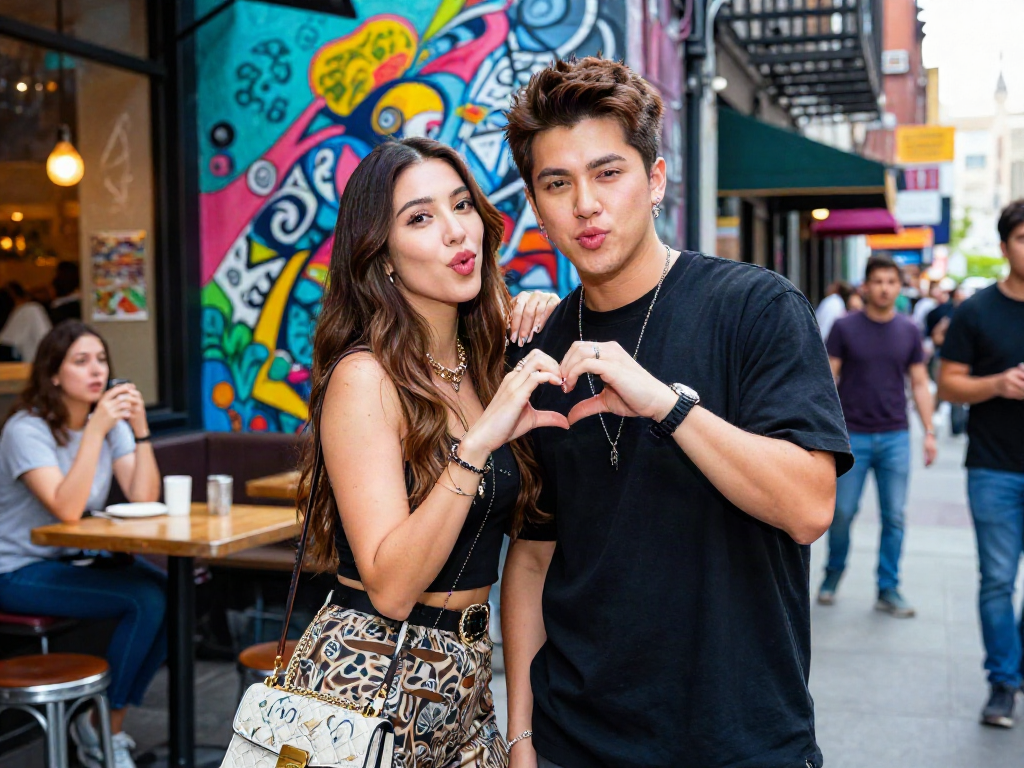 Two celebrities that look alike in a vibrant urban setting, showcasing celebrity culture and street art.