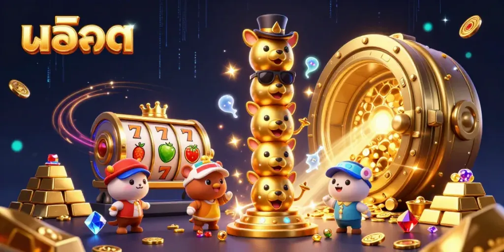 Engage in vibrant สล็อต gaming with a golden totem pole and dynamic slot reels, celebrating casino excitement.