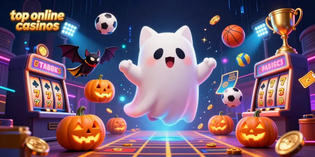 Engage with top online casinos in this vibrant 3D scene featuring a ghost cat and vampire bat amidst lively casino symbols.