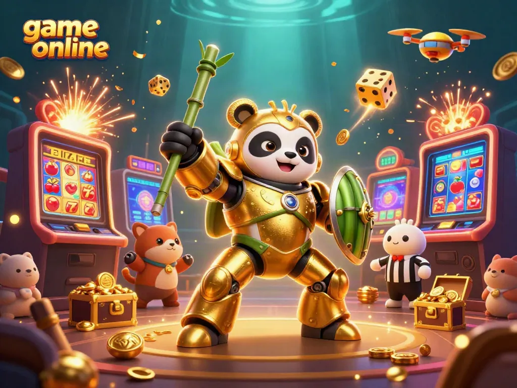 Engaging scene of game online action with a vibrant panda in a mech suit surrounded by casino symbols and festive effects.