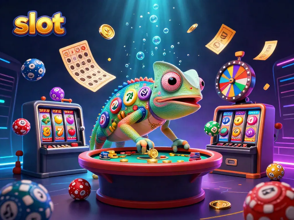 Charming chameleon casino owner captivates slot action with vibrant slot reels and scattered winnings