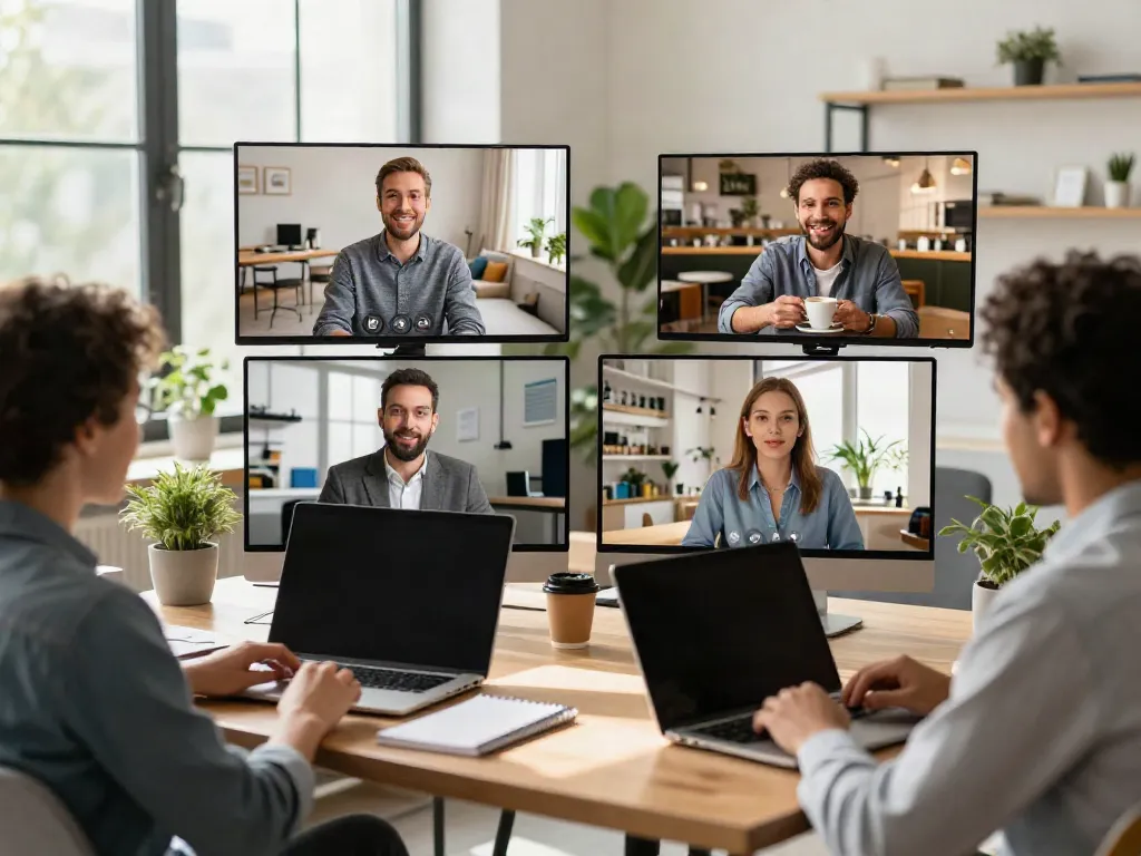 Deepfake protected Online Video Calls, Meetings and Conferencing in a professional virtual meeting scene with diverse participants.