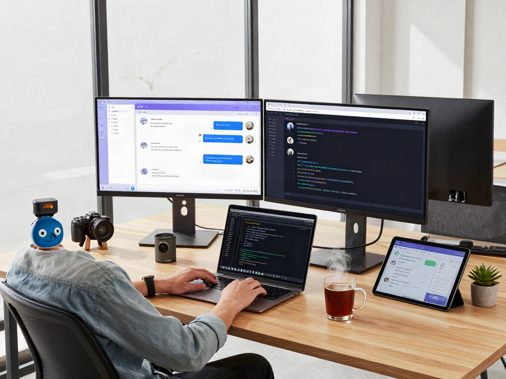 Developer showcasing an innovative nsfw chat bot interface in a modern tech workspace.