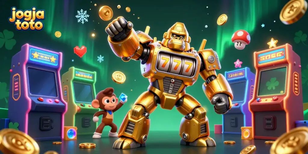 Experience thrilling gameplay at jogja toto with a dynamic illustration of a golden gorilla mech and arcade elements.