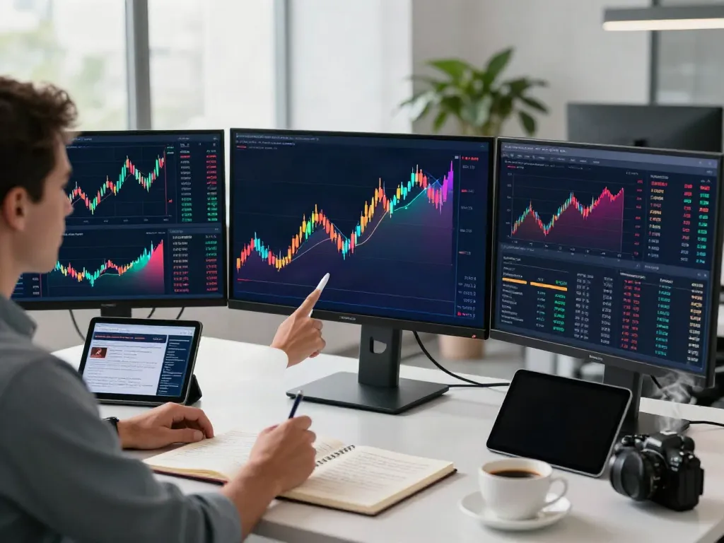 Traders using TradingView in a modern workspace with multiple monitors and charts.
