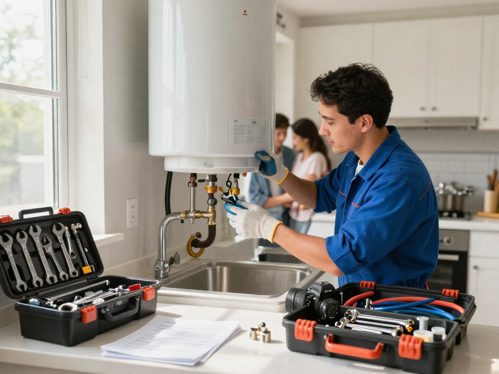 Plumbing repair Fort Worth: Professional plumber replacing residential water heater in modern kitchen setting.