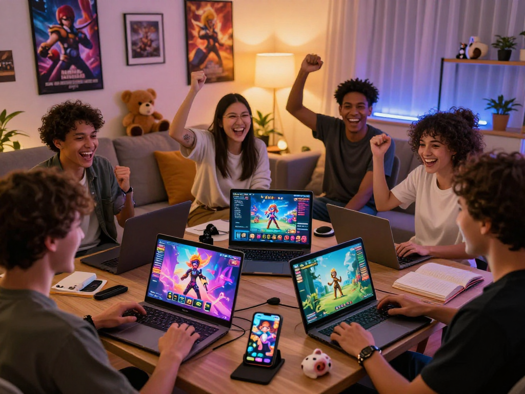 Engaged players exploring popular porn games on various devices in a cozy living room