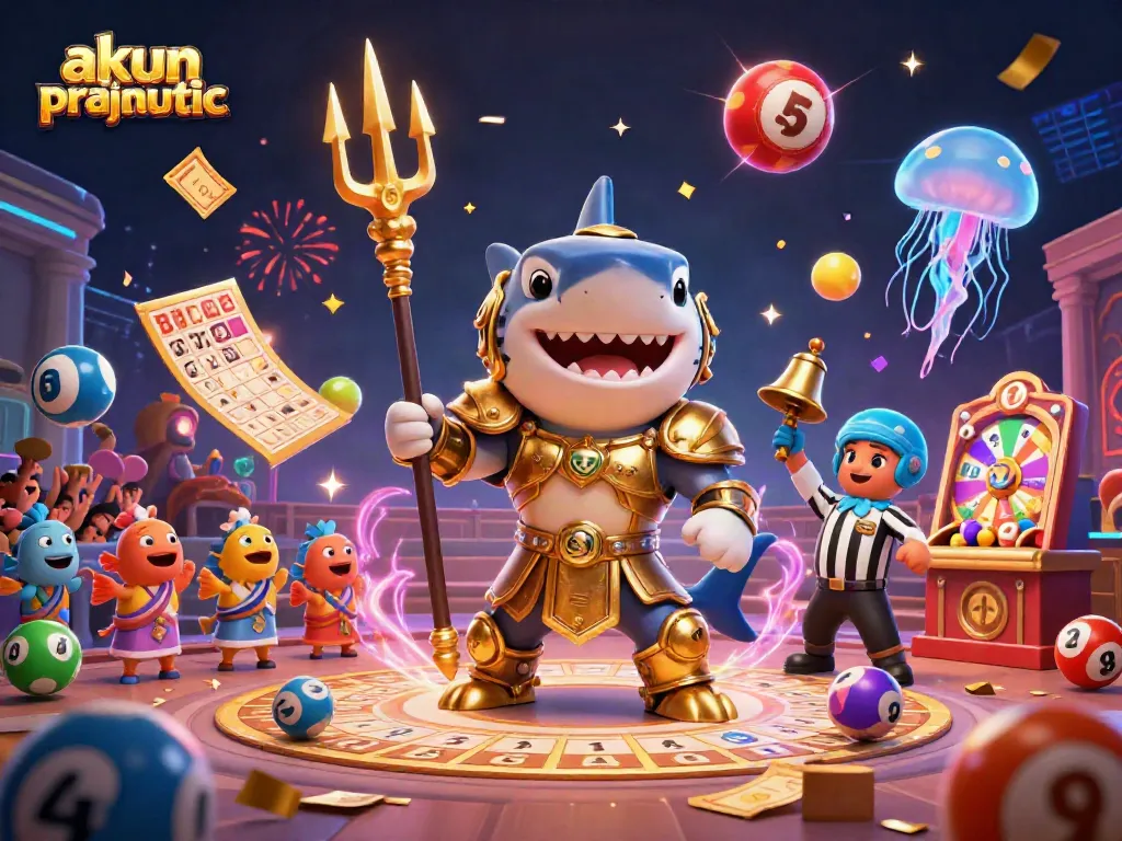 Engage with akun pragmatic through vibrant, dynamic casino-themed 3D illustration featuring a tiger shark gladiator.