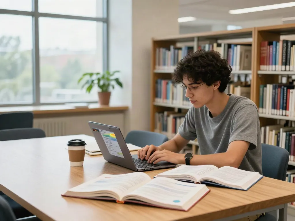 Student researching article source in a well-lit library with books and laptop.