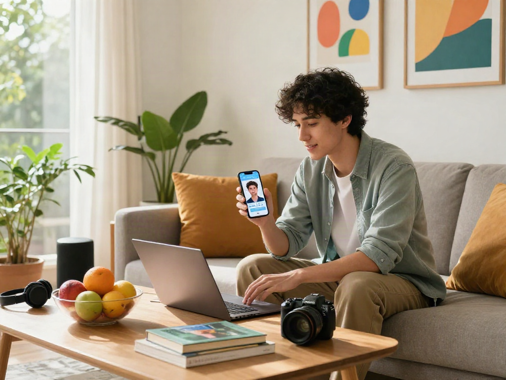 Young adult using an AI app to find out how old do I look in a cozy modern living room.