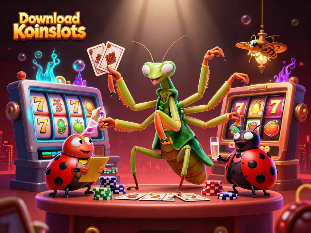 Play and win big with Download Koinslots, featuring vibrant slot reels and exciting characters.