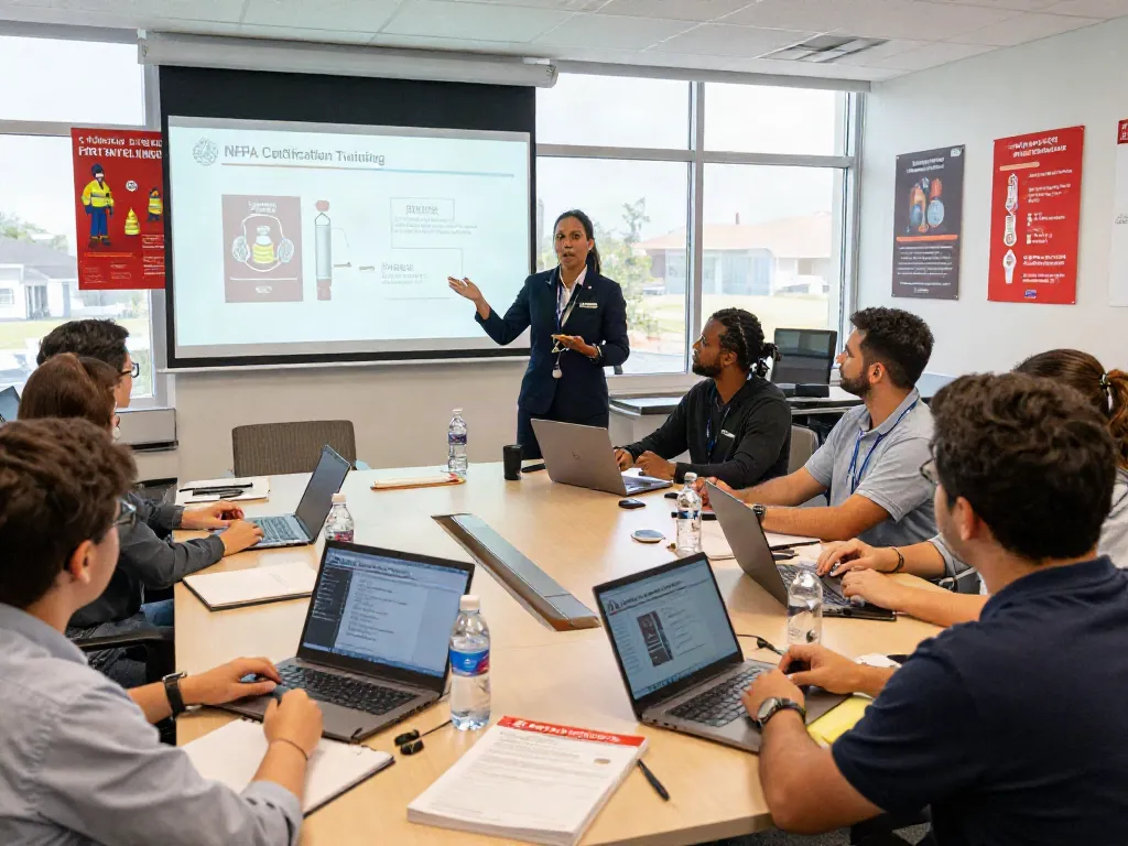 Engaged employees in NFPA Certification Training session learning vital fire safety protocols together.