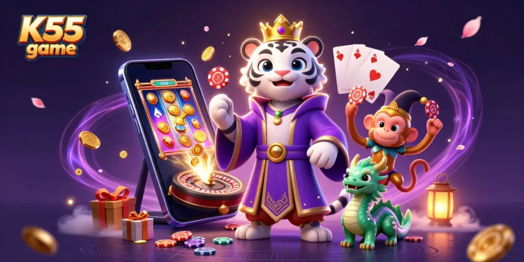 Engage with exciting K55 game features in a vibrant 3D casino illustration.