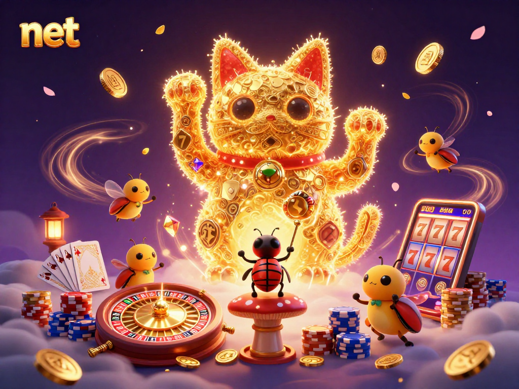 Experience the thrill of net with a giant lucky cat and casino symbols in a vibrant 3D illustration.