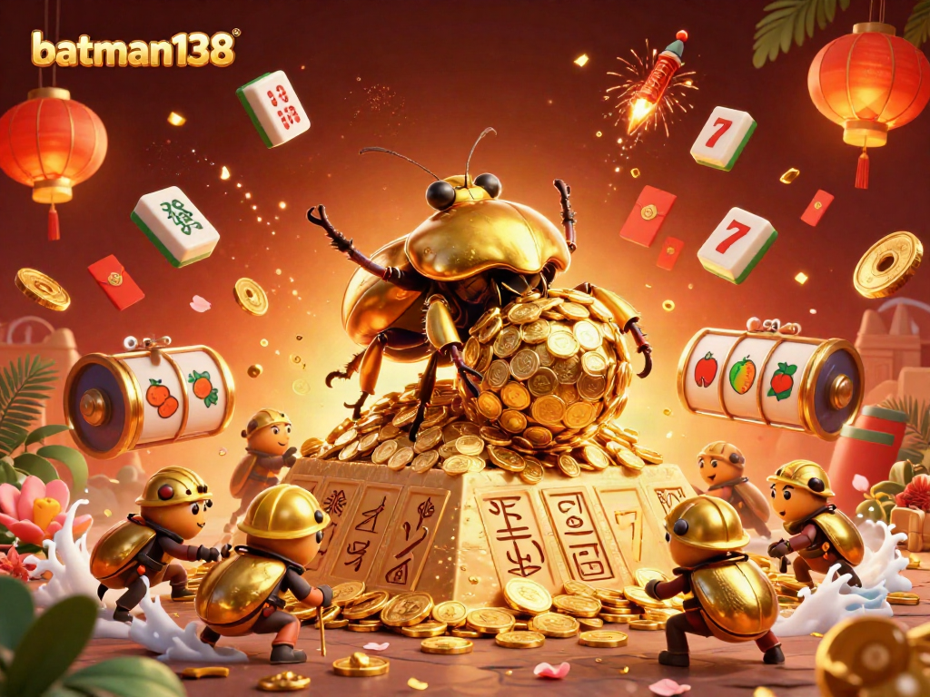 Engage in thrilling gaming with batman138, featuring a vibrant casino scene with golden coins and festive elements.