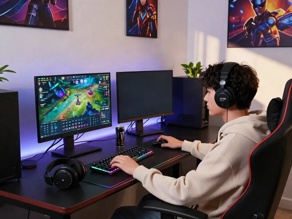 Gaming setup showcasing QQMacan on dual monitors with vibrant graphics and ambient lighting.