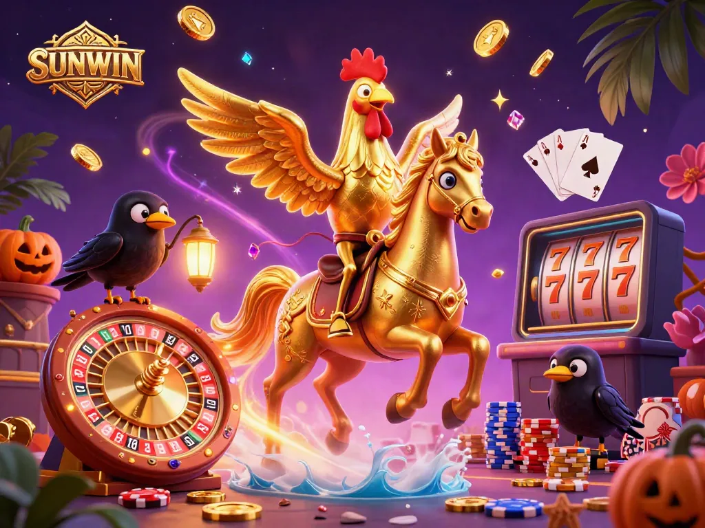 Engage in thrilling gaming at SUNWIN featuring gold rooster, casino elements, and fun gaming dynamics.