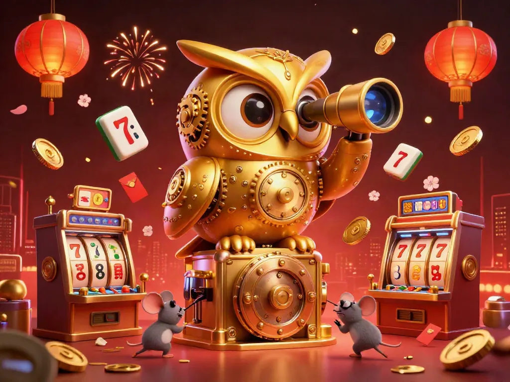 BOLA SLOT showcases a lively casino scene with a golden clockwork owl and wind-up mice patrons amidst rich gambling elements.