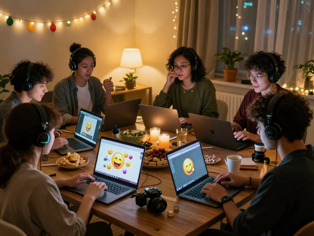 Engaging nsfw chat scene with diverse individuals on laptops, cozy atmosphere.