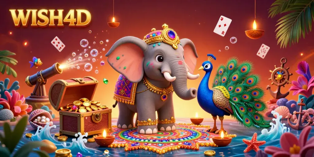 Experience thrilling gameplay at WISH4D with dynamic characters and vibrant casino elements in this captivating 3D illustration.