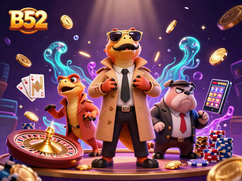 B52 casino scene with cartoon raptors attempting entry while surrounded by dynamic gaming elements.