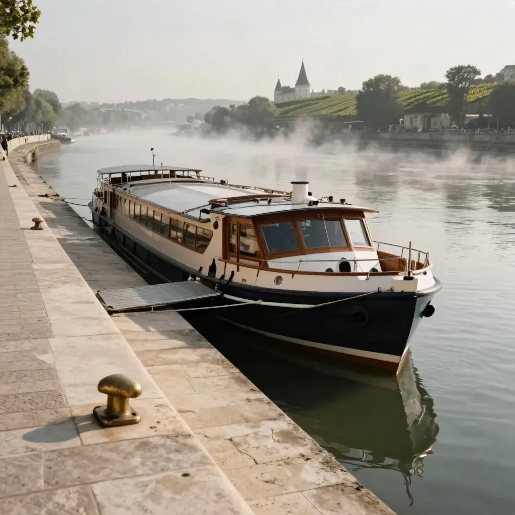 Bordeaux river cruise boat moored by limestone quays at misty dusk, with chateaux and vineyards behind.