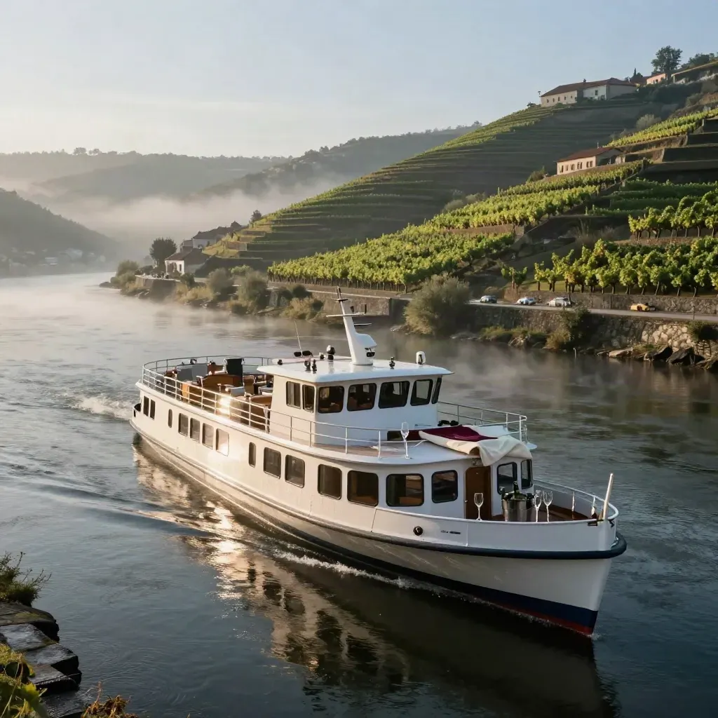 White Douro cruise at sunrise beside vineyard terraces, mist, wet stone quays, and wine glasses on deck.