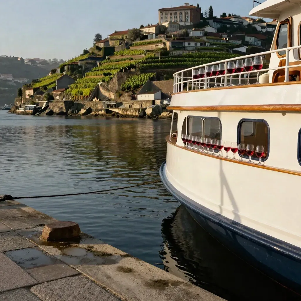 Douro cruise ship moored by Porto quays with vineyard terraces behind and tasting glasses on deck
