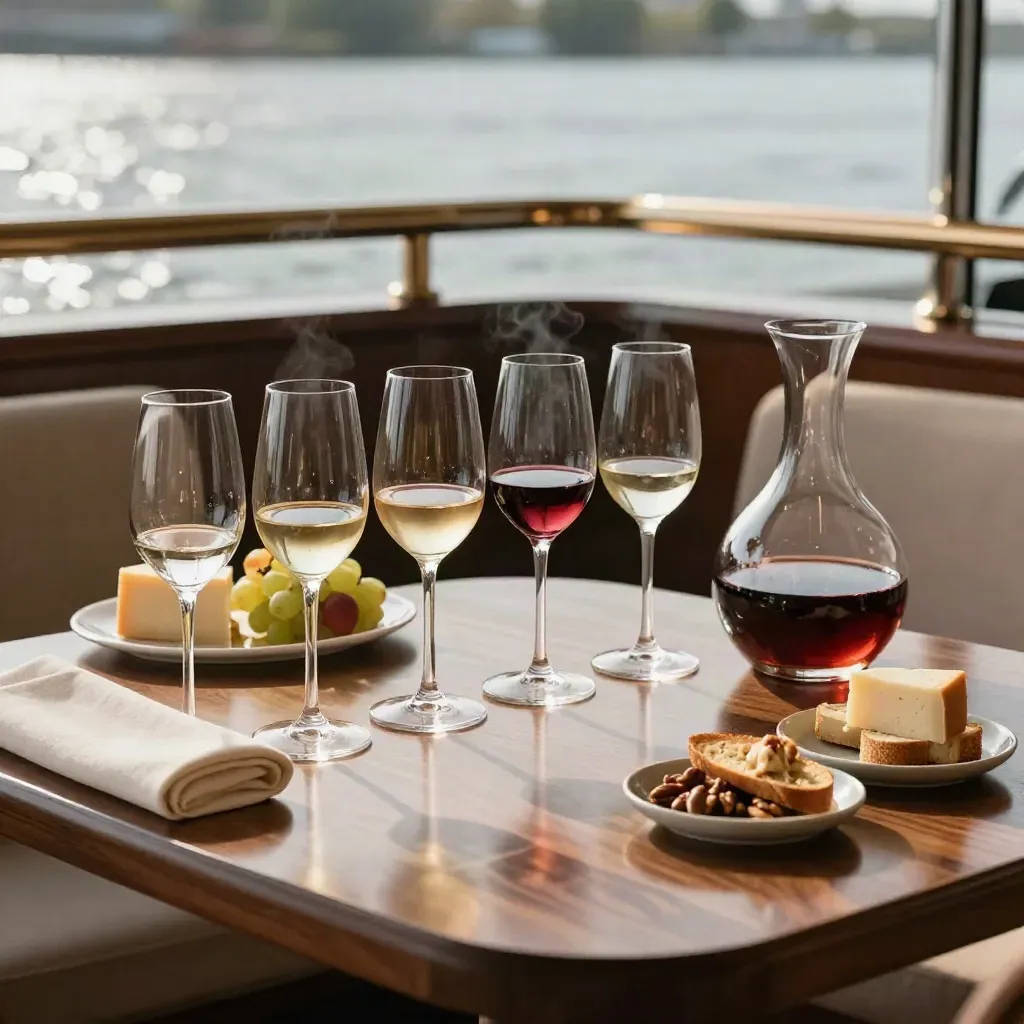 Sommelier tasting flight with six wines, decanter and pairings on a walnut ship salon table