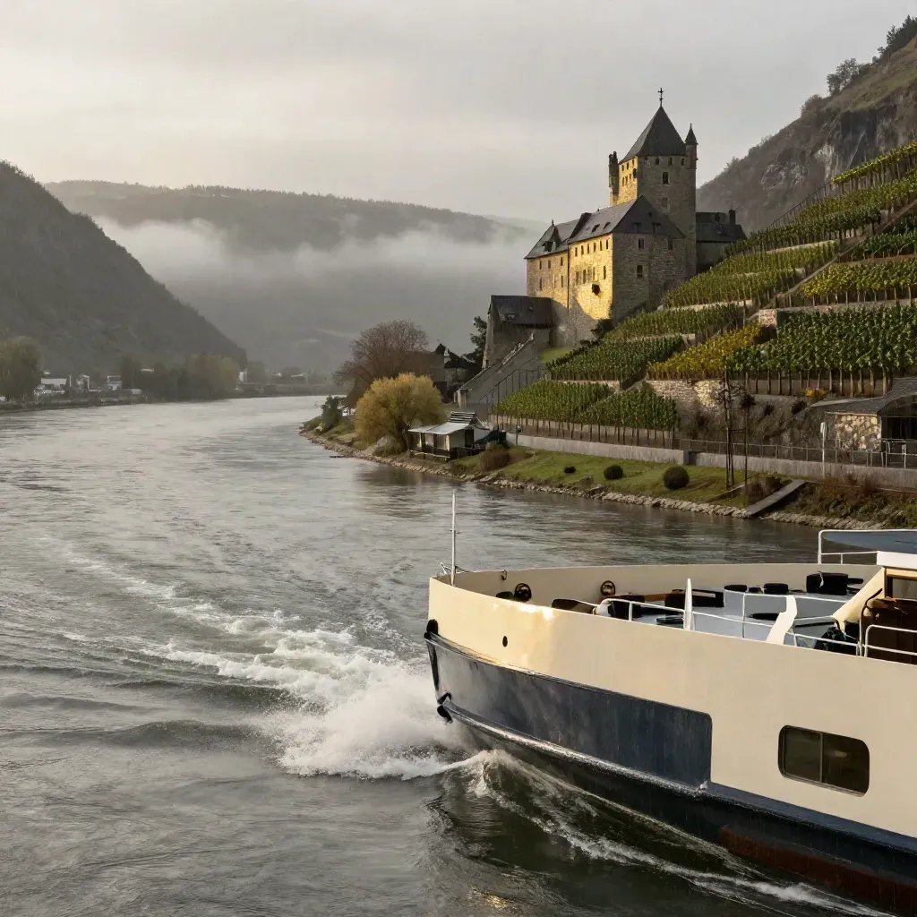 Rhine cruise ship wake beneath a cliff castle and misty vineyard slopes