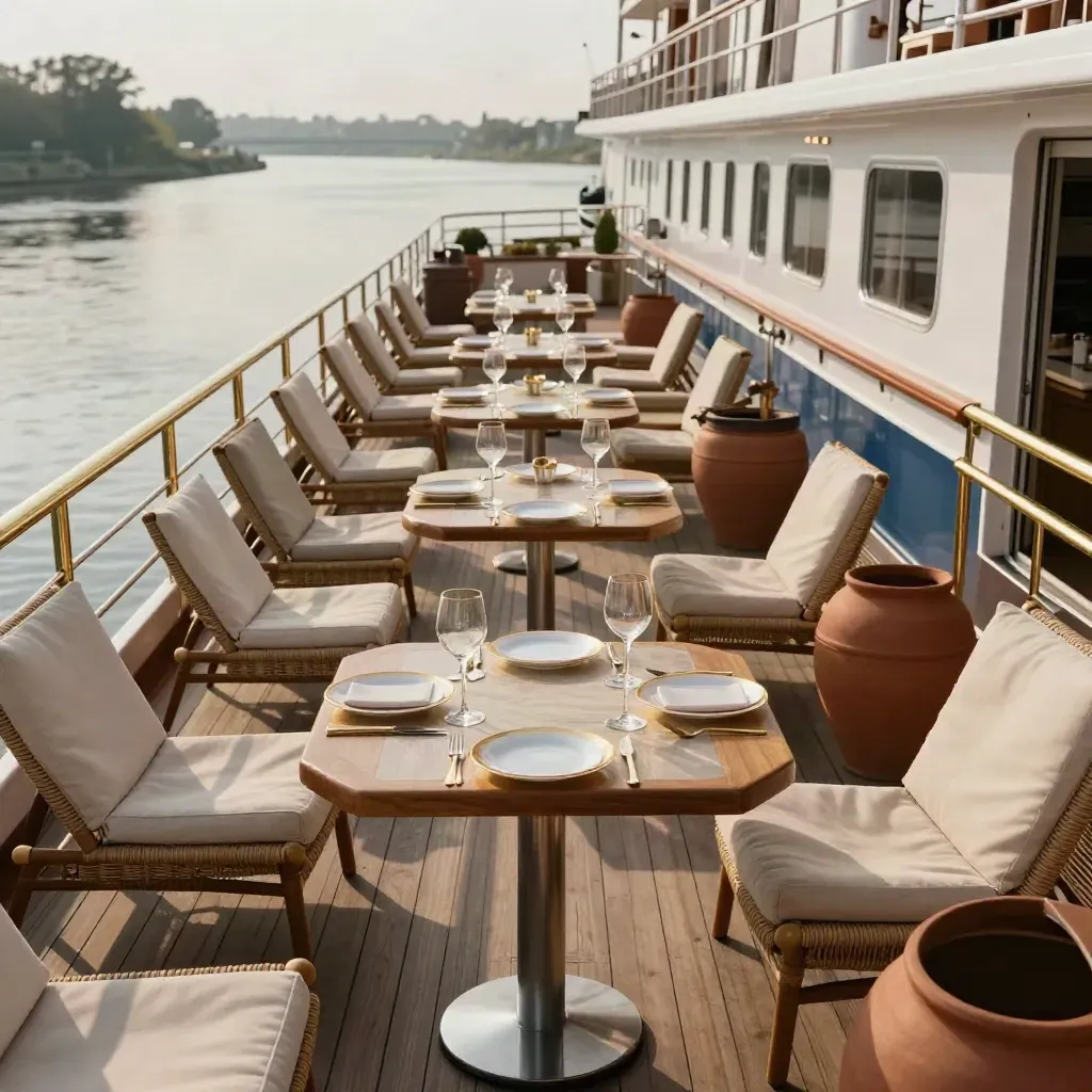 Prepared private charter deck with loungers, gold-rimmed settings, and a calm river ship at berth.