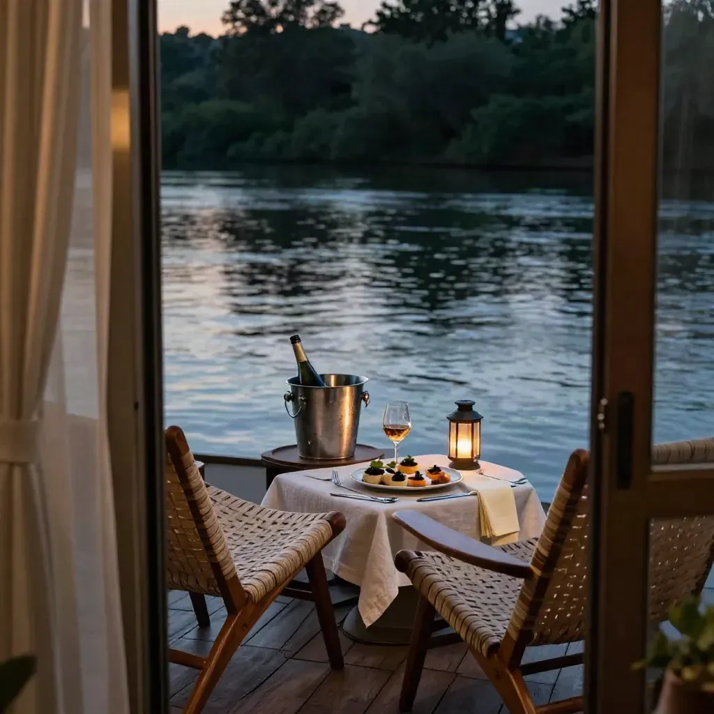 Romantic river cabin terrace table for two with wine, candlelight, and water reflections