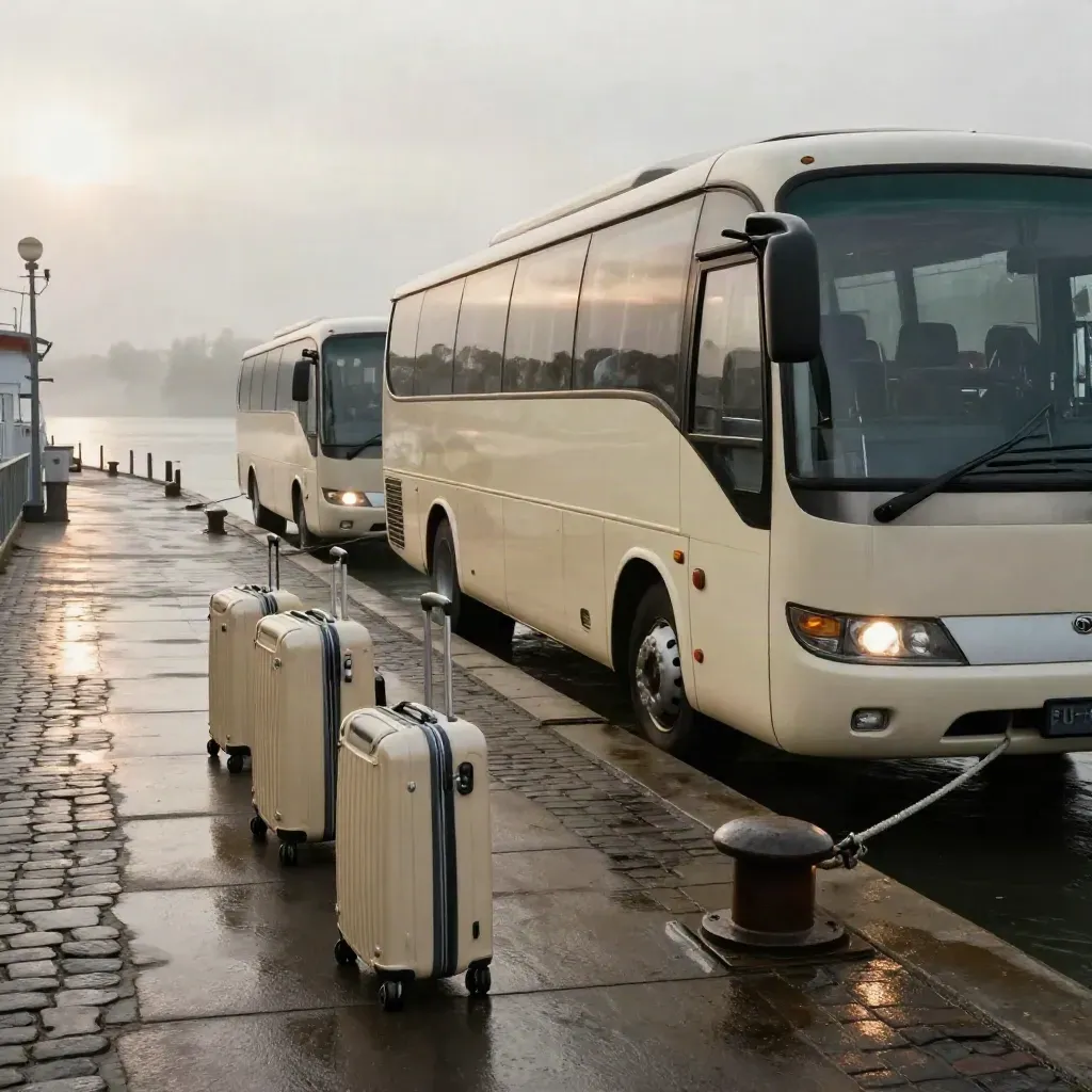 Two coaches, docked Rhine ship, and matching suitcases waiting by a misty quay.