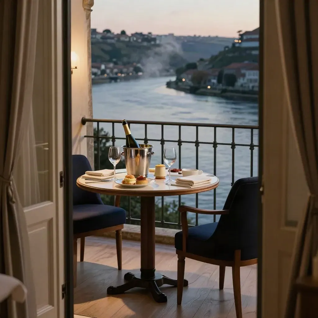 Prepared honeymoon suite balcony table with wine, glasses, pastries, and calm river at dusk