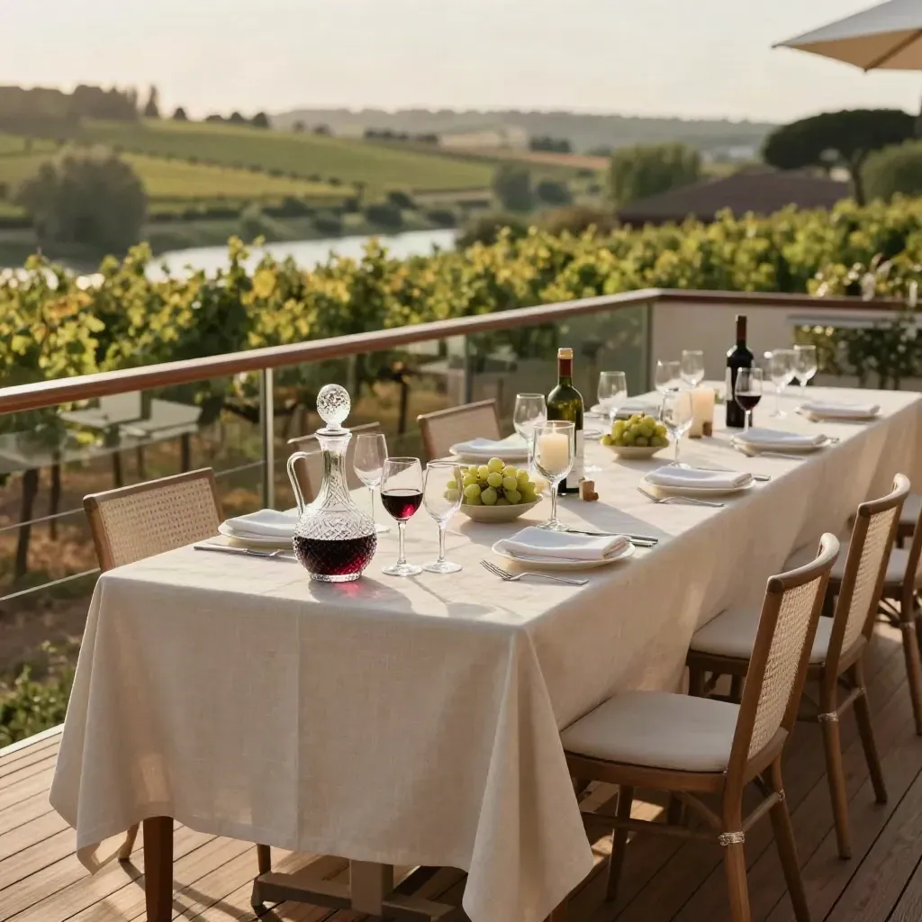 Elegant Bordeaux cruise dinner deck set for a family charter above vineyard river views.