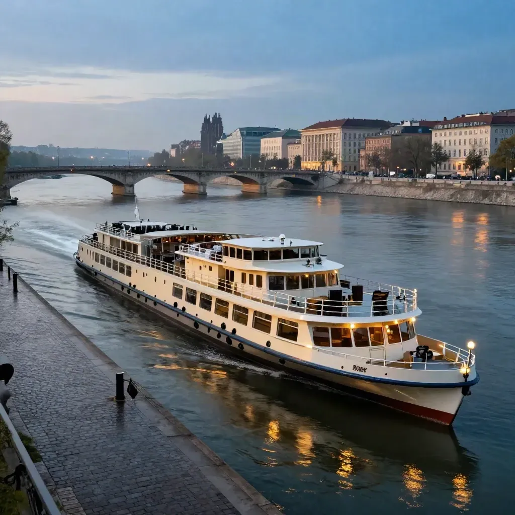 Blue-hour Danube cruise ship glides past bridge arches and skyline from the embankment.
