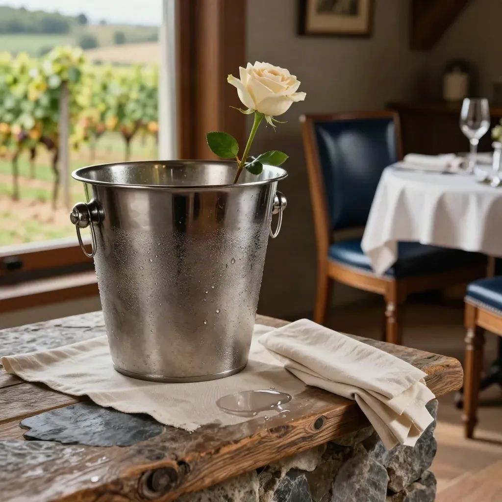 Rhone anniversary cabin table reset by vineyard window, rose, ice bucket, twin chairs, navy accents.