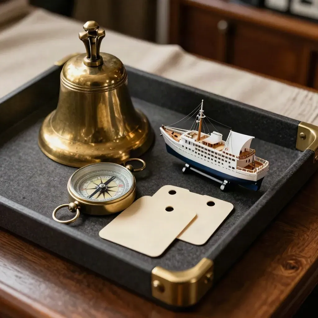 Brass ship bell, river compass, route tokens and miniature hull on a dark planner tray.