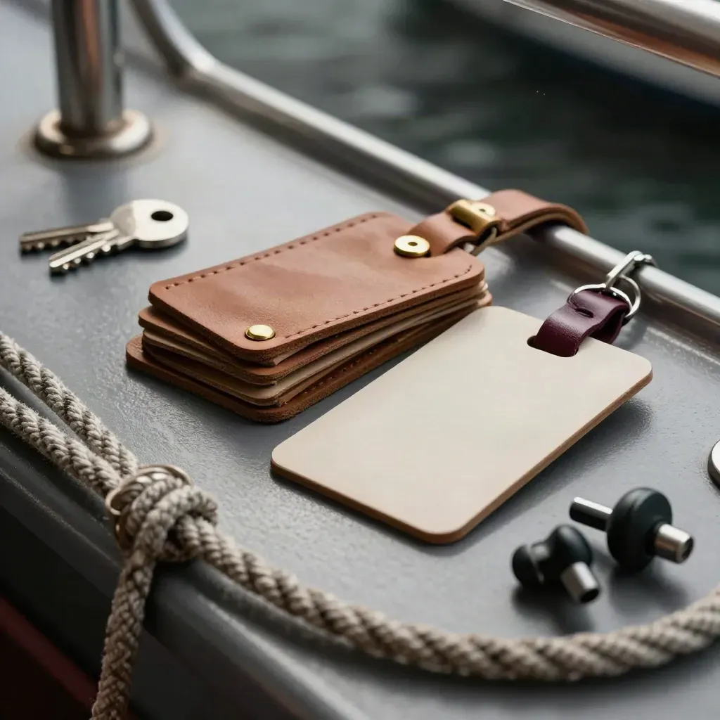 Luggage tags, dock key card, rope, and radio earpiece on a dark cruise surface.